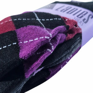 Pack of womens socks with a purple argyl pattern, labeled 'Ladies Socks' on a white background.