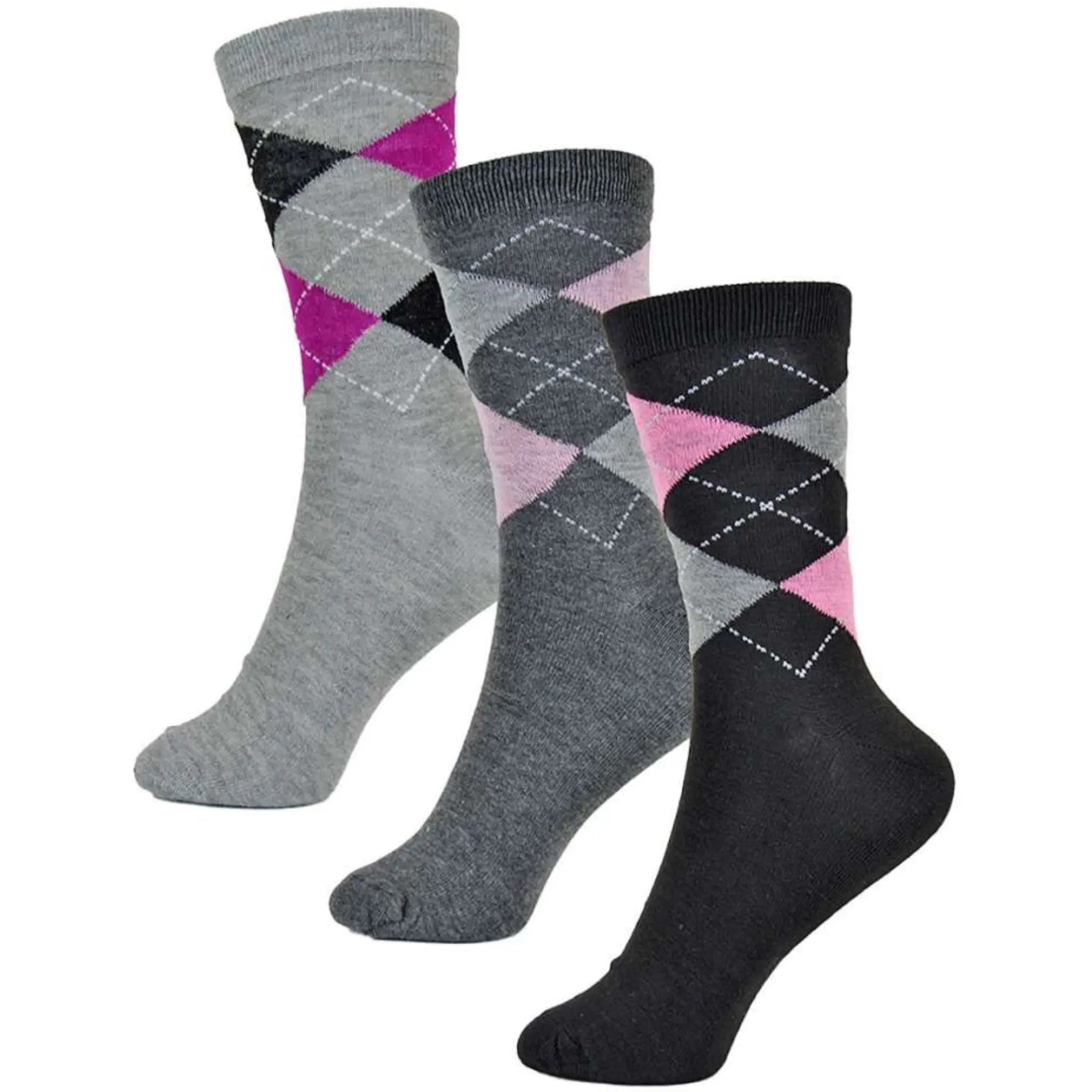 Women's argyle socks in classic patterns (grey & pink, black & purple, dark red), 3-pack