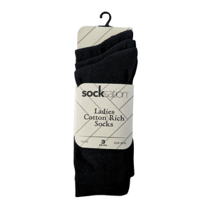 Women's black cotton socks, soft breathable everyday comfort, 3-pack