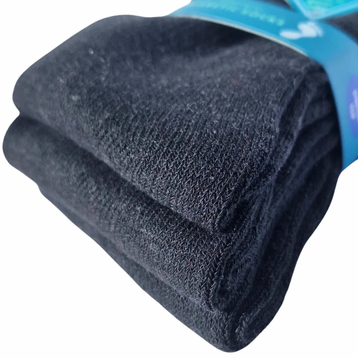 Pair of womens diabetic black socks with a blue label on a white background
