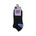 Women's black trainer socks with colourful heel and toe accents in blue, pink and purple, breathable performance fabric