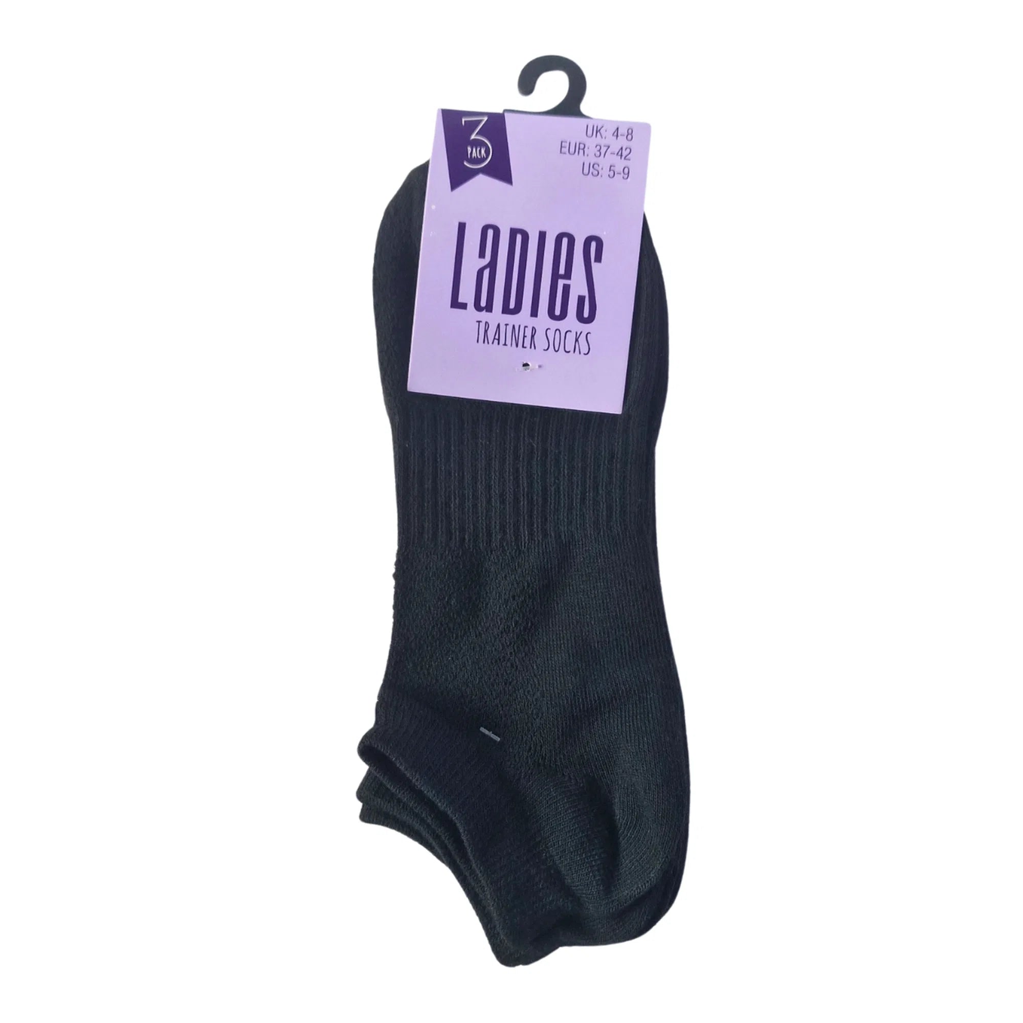 Women's black trainer socks, lightweight breathable performance fabric, 3-pack