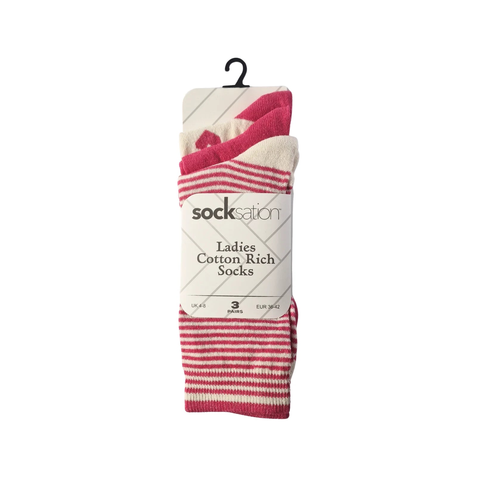 Women's cotton socks in pink with celebration stripe pattern, everyday comfort, 3-pack