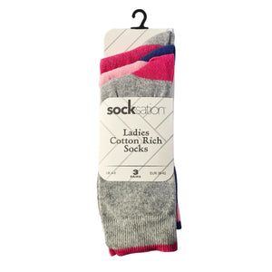 Women's cotton socks with playful cherry design in pink, blue and grey, 3-pack