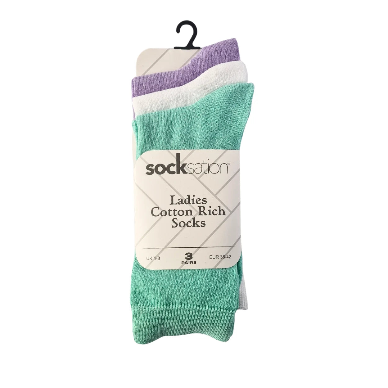 Women's cotton socks in soft pastel colours (green, white, purple), everyday comfort, 3-pack
