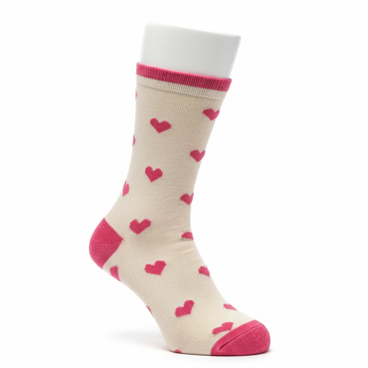 Beige sock with pink hearts and cuffs on a white background
