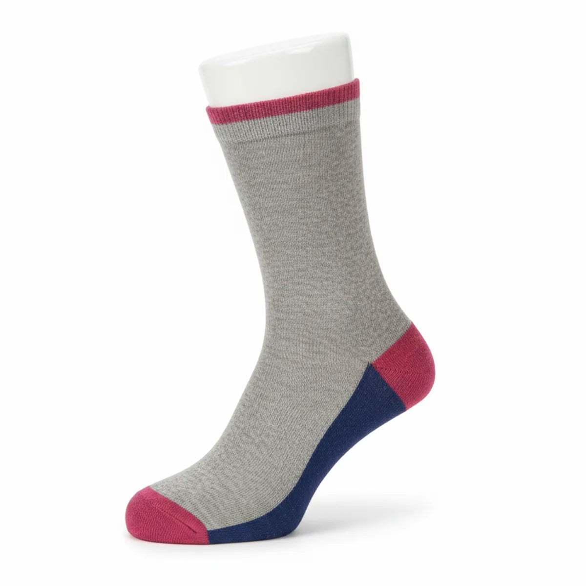 Grey sock with pink and blue accents on a white background