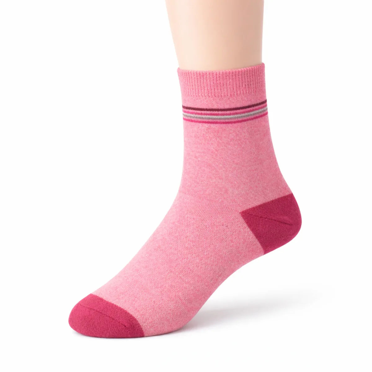 Pink sock with a dark pink toe and heel on a white background