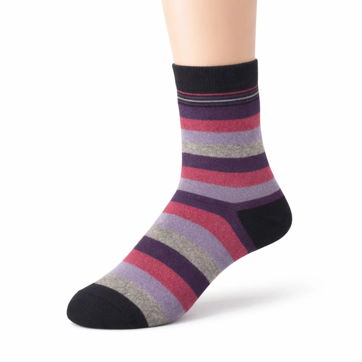 Multicoloured striped sock on a white background