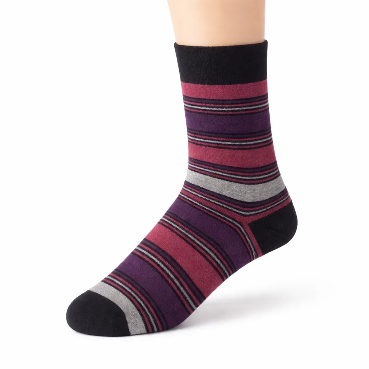Striped sock with purple, red, and grey pattern on a white background