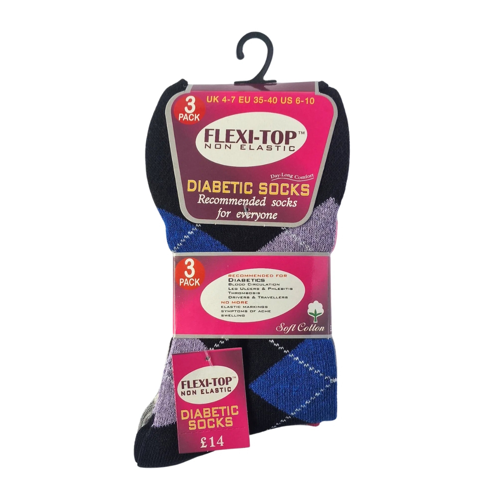 Women's diabetic flexi-top socks with argyle pattern, non-binding for sensitive legs, 3-pack