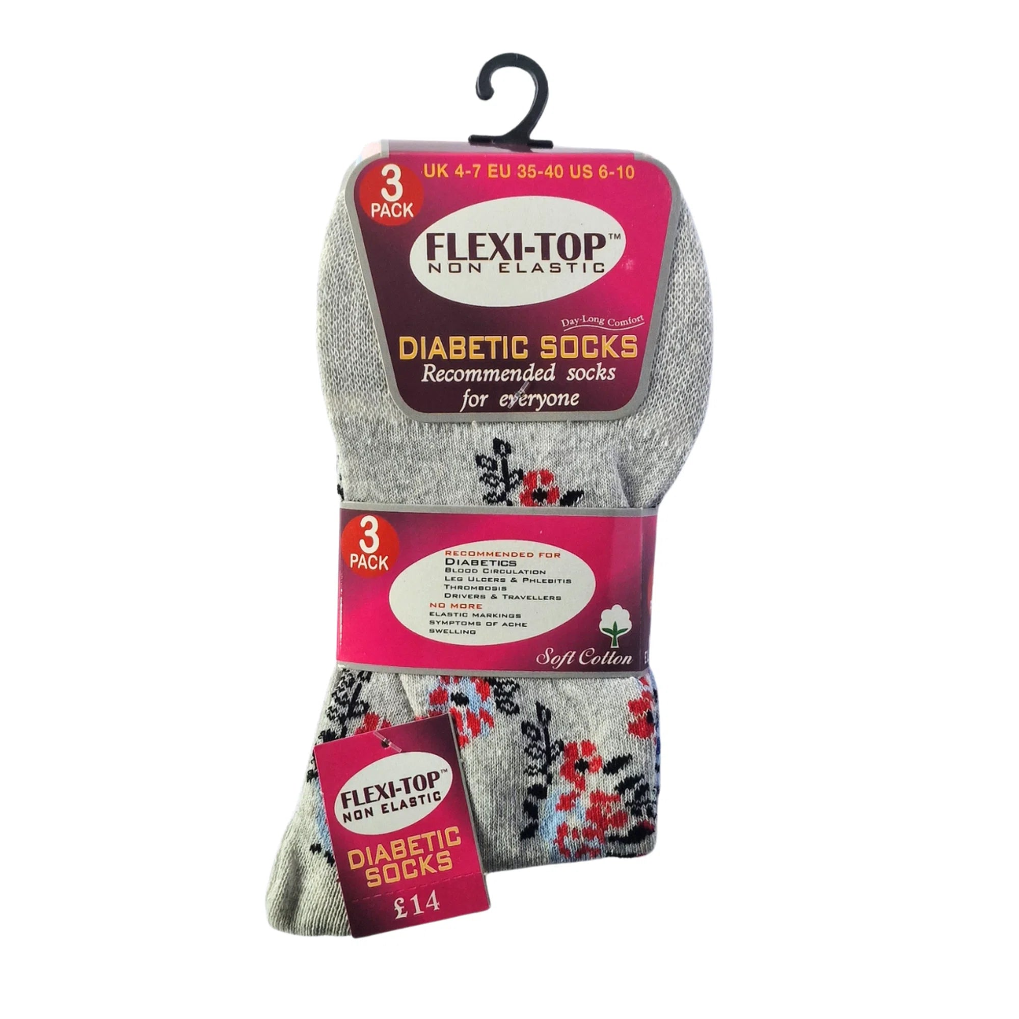 Women's diabetic flexi-top socks with grey floral pattern, non-binding for sensitive legs, 3-pack