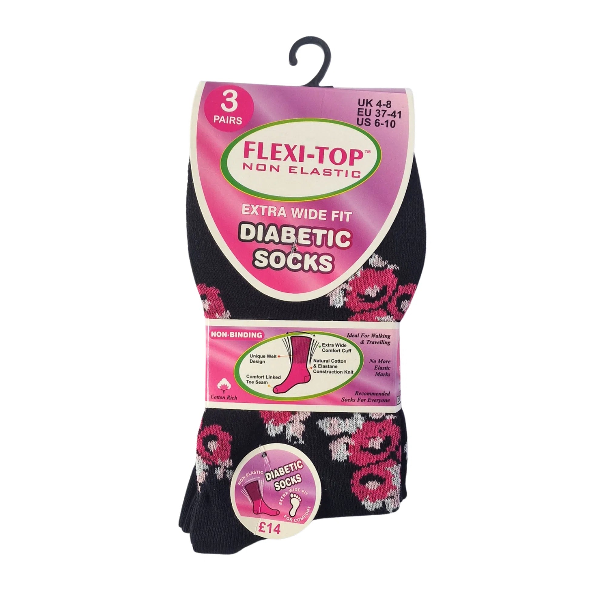 Women's diabetic flexi-top socks in black with pastel floral design, non-binding, 3-pack