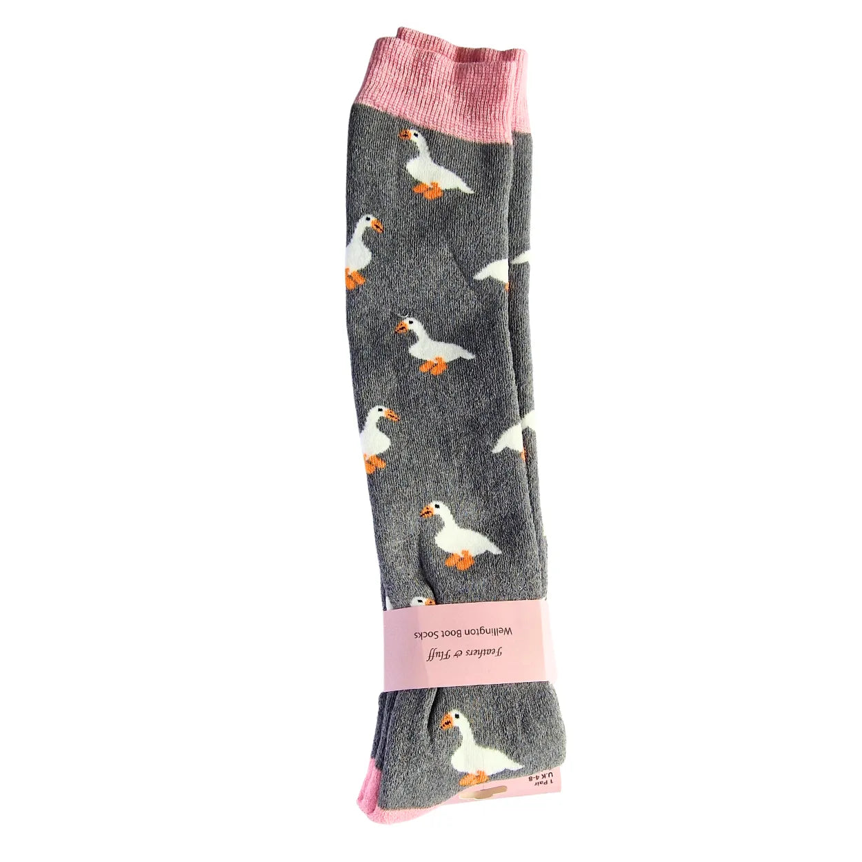 Grey socks with geese pattern and pink accents on a white background