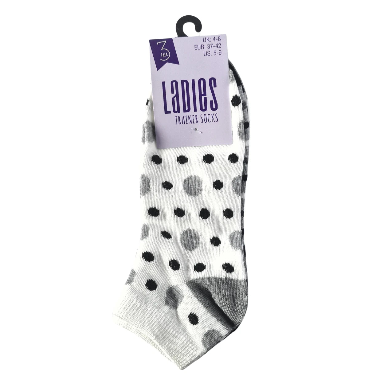 Women's white trainer socks with spots and stripe designs, breathable performance, 3-pack