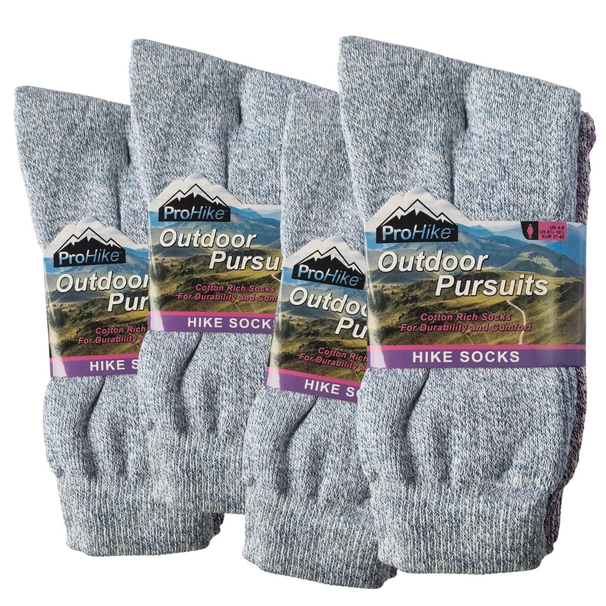 Three pairs of ProHike outdoor pursuits hike socks on a white background