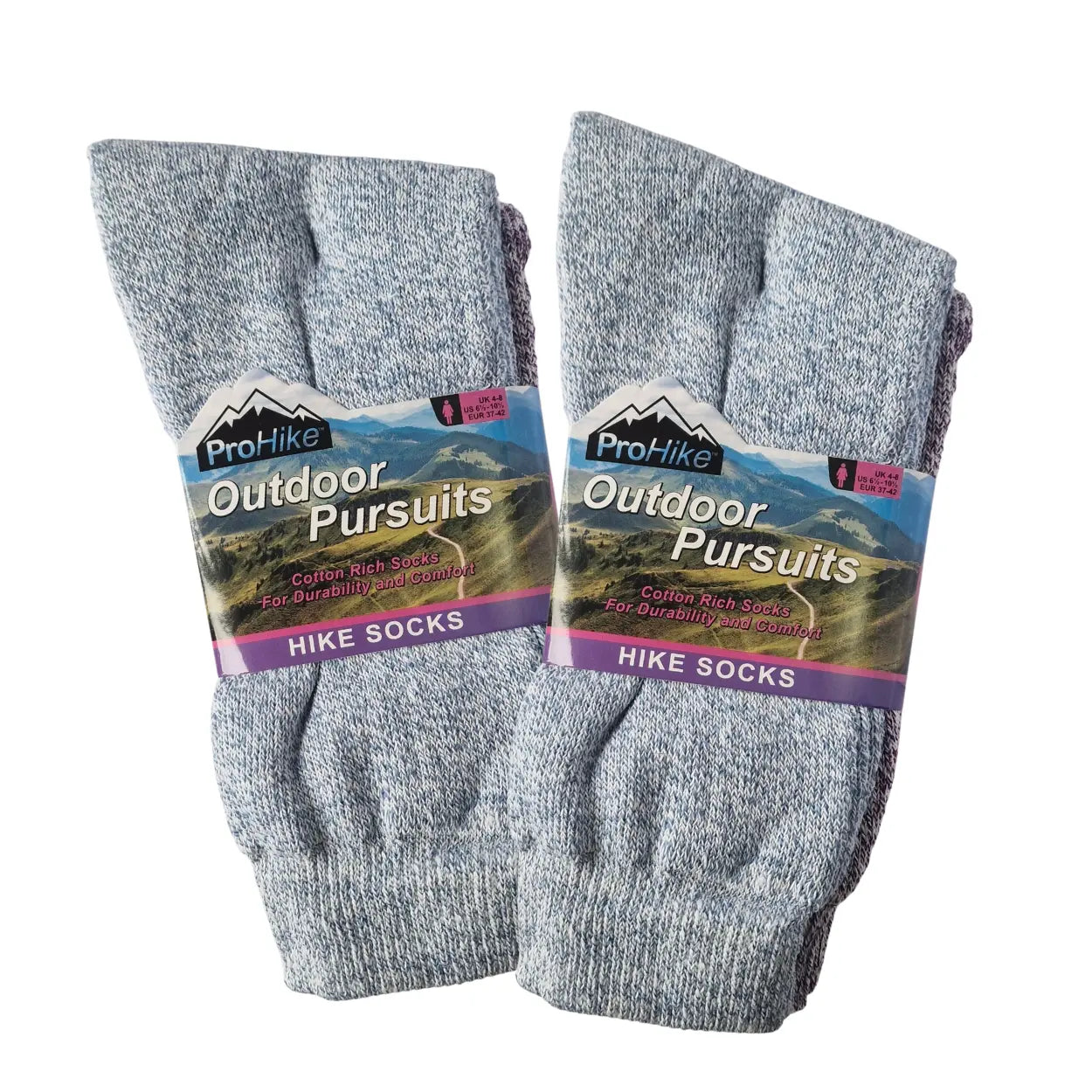 Two pairs of gray hiking socks with 'ProHike Outdoor Pursuits' labels on a white background.