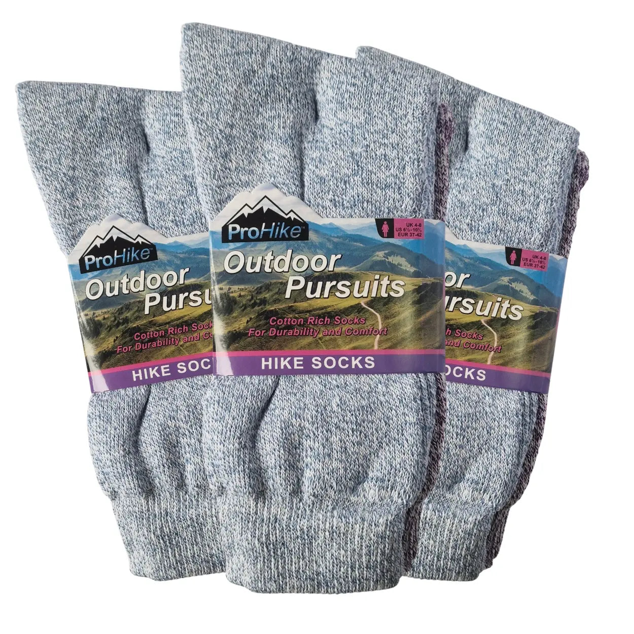 Three pairs of gray hike socks with 'ProHike Outdoor Pursuits' packaging on a white background.