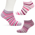 Three pairs of striped socks in pink, purple, and grey on a white background