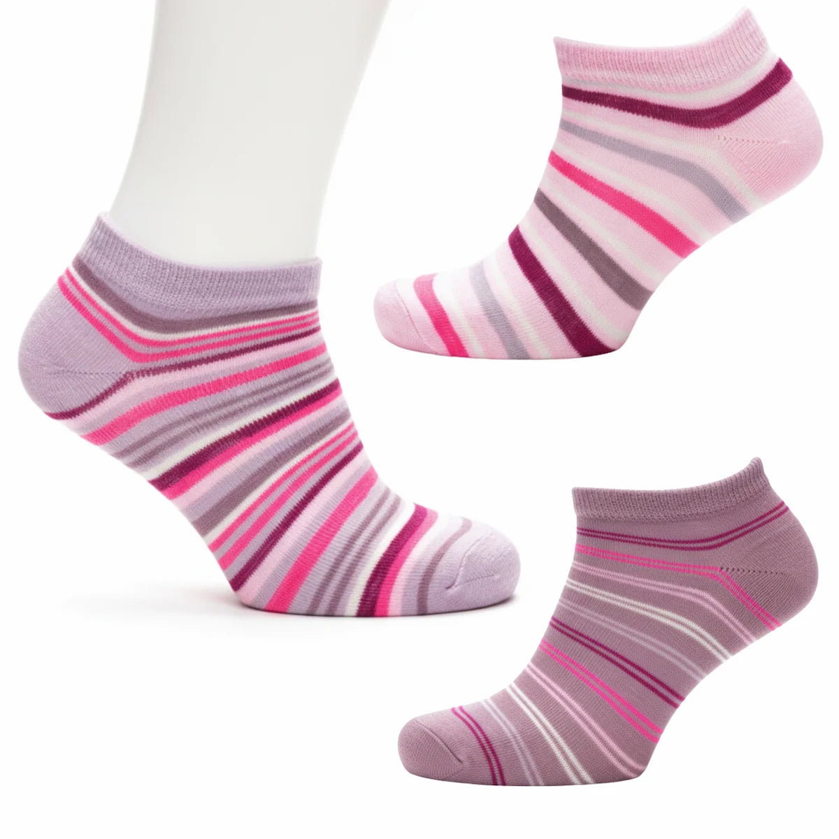 Three pairs of striped socks in pink, purple, and grey on a white background
