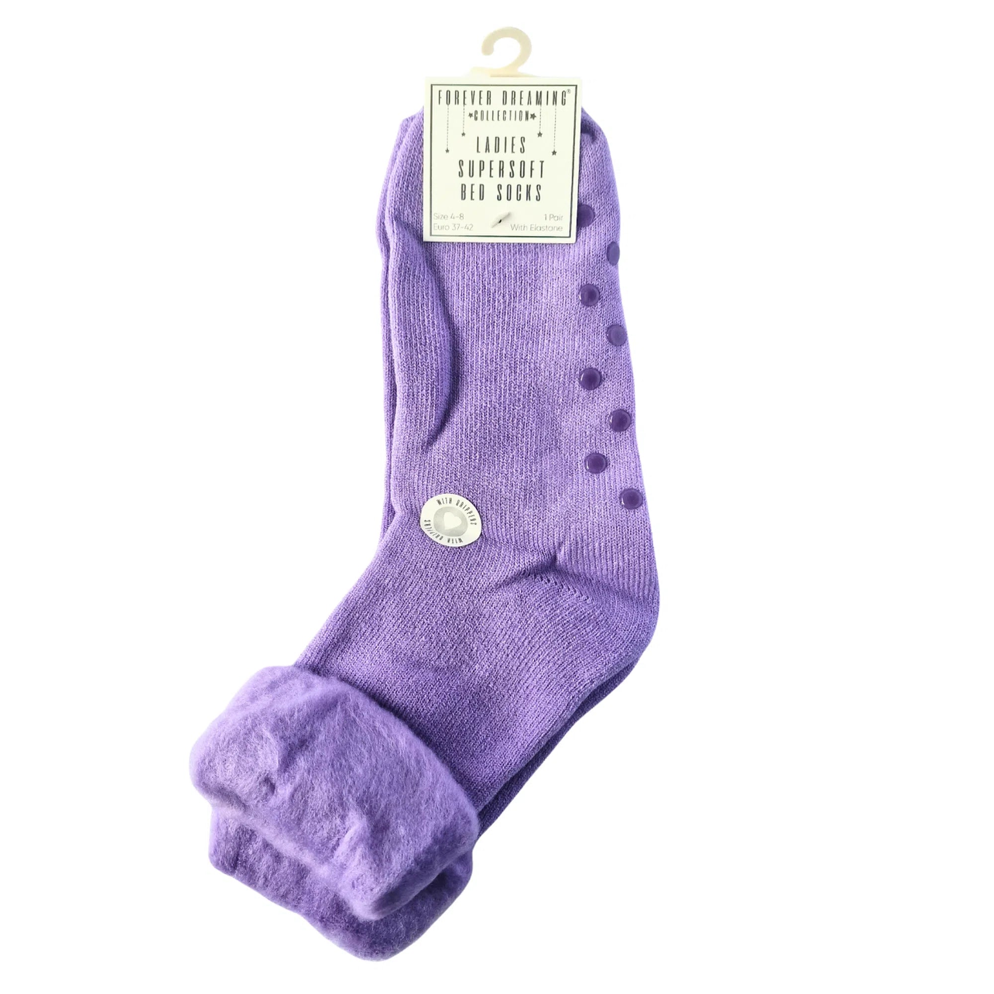 Women's supersoft bed socks with gripper sole in pastel colours (blue, pink, purple), non-slip