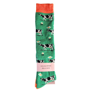 Women's supersoft welly socks with farm animal designs (cows, goats, pigs, geese), cosy and fun