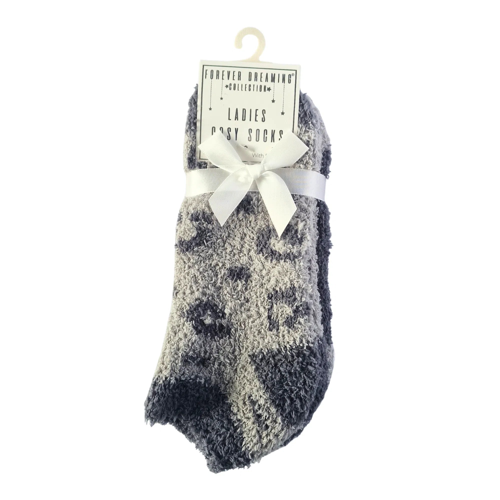 Packaged pair of grey animal print socks with a white bow on a white background