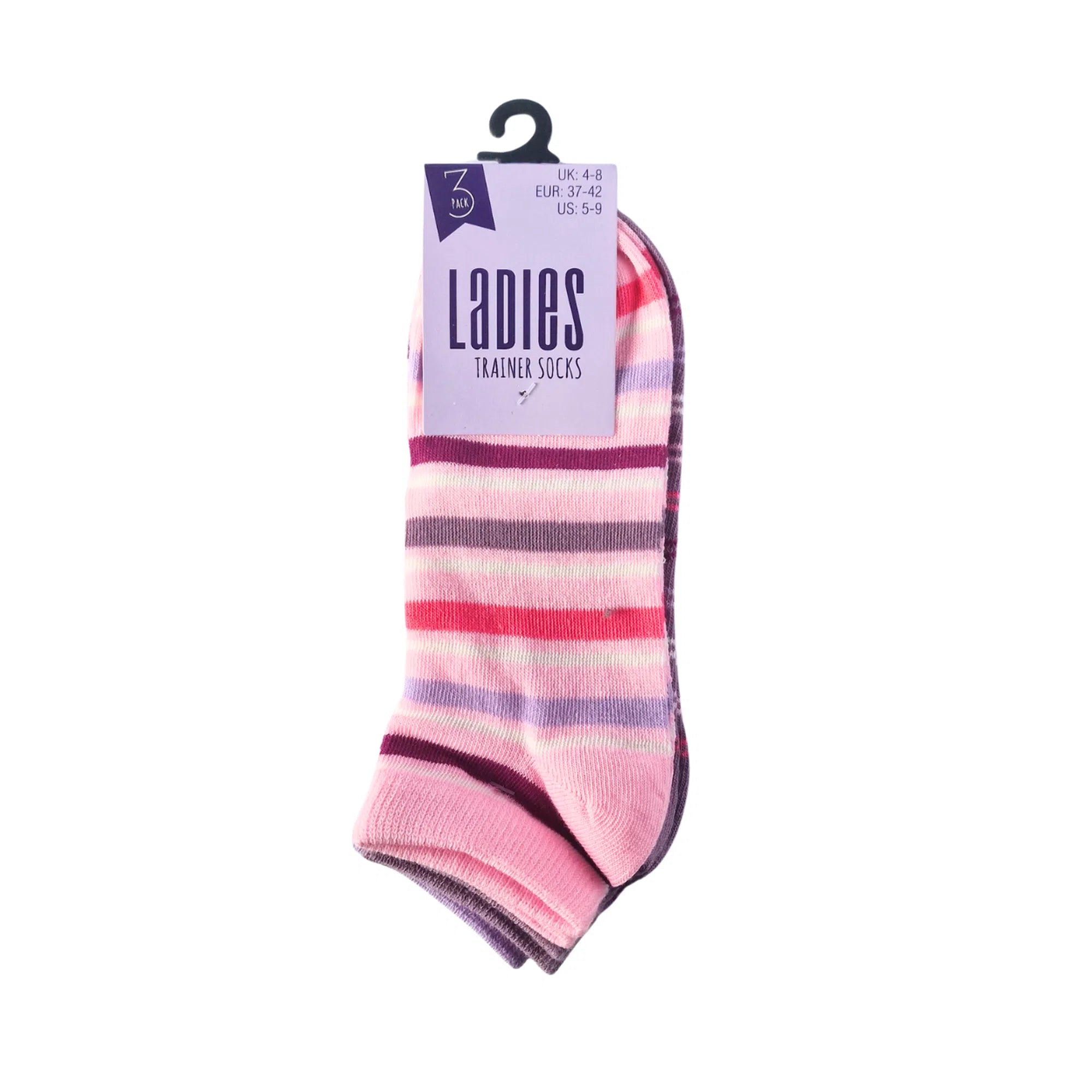 Women's trainer socks in pink and purple with spot and stripe patterns, low-cut breathable, 3-pack