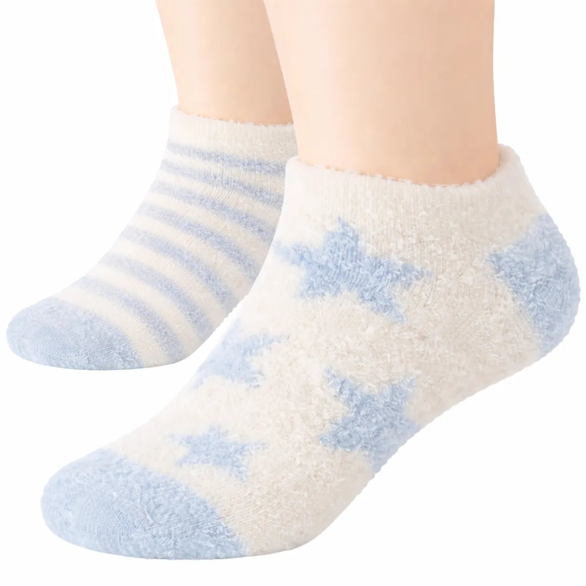 White socks with blue star patterns and stripes on a white background