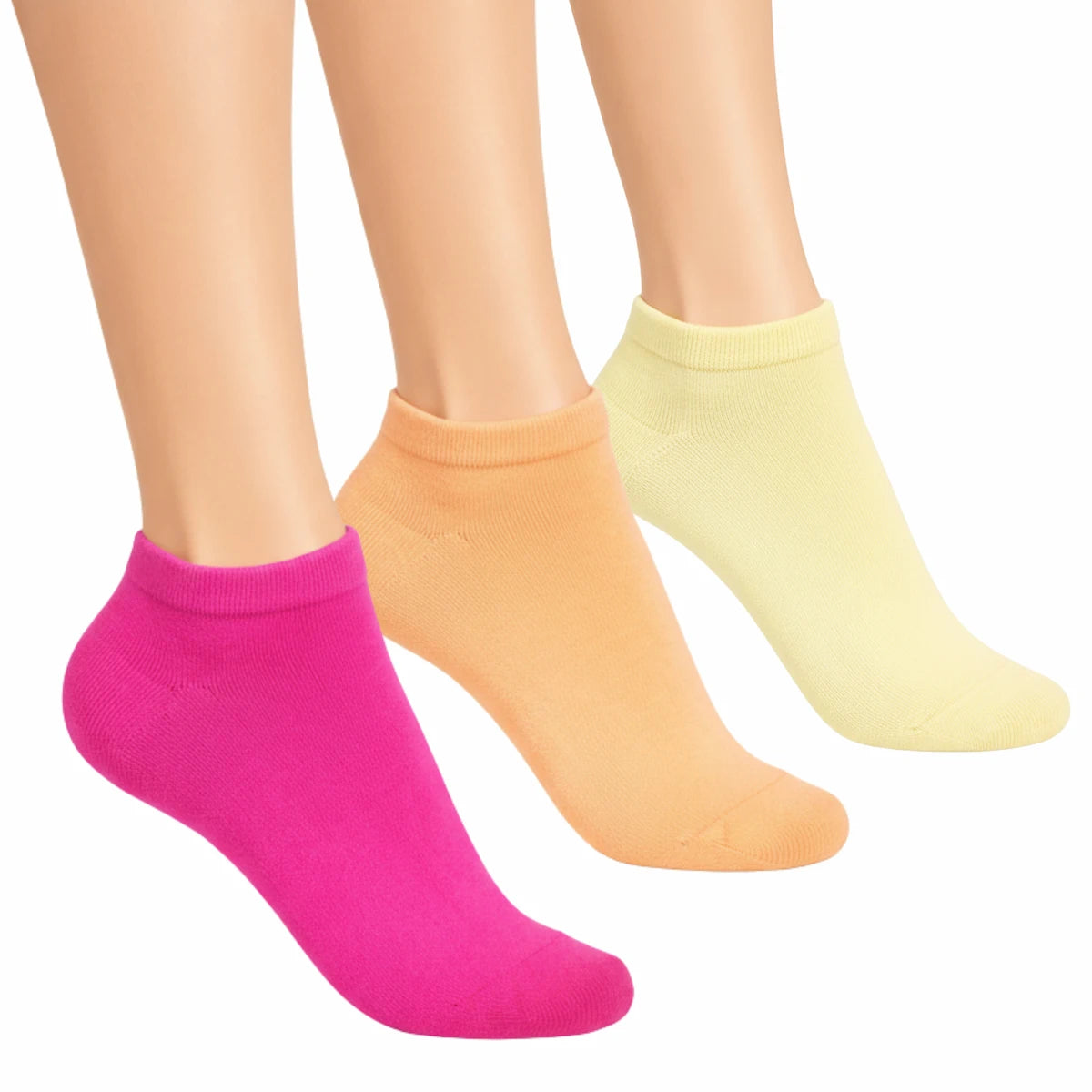 Three colourful socks (pink, orange, yellow) on a white background