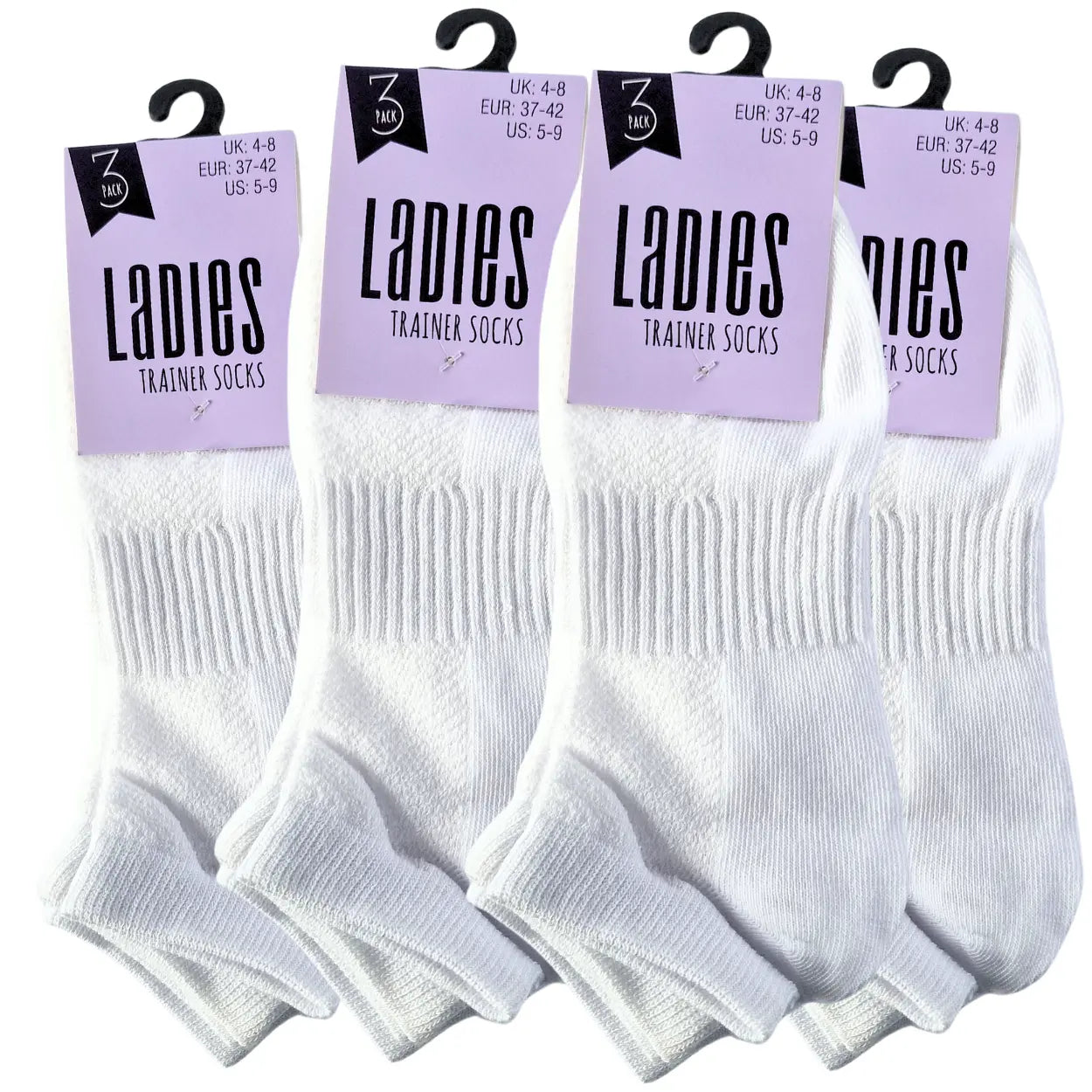 Set of white socks with packaging labels on a white background