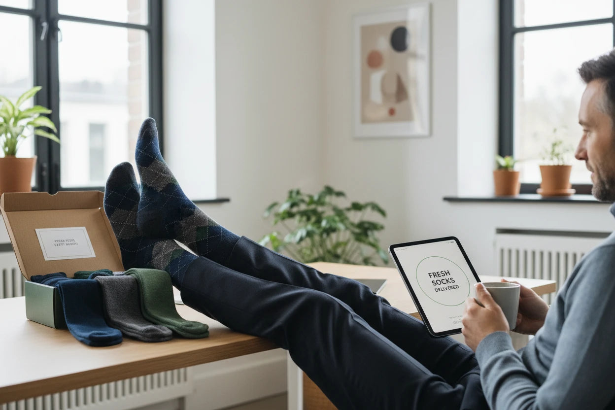 Man sitting at a desk with feet up, using a tablet, wearing socks with a box of additional socks next to him.
